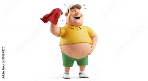 Obraz Cartoon man wiping his brow with towel