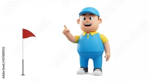 Obraz Smiling cartoon character points to golf flag