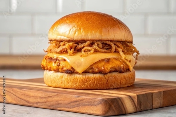 Obraz Delicious Burger with Melted Cheese and Crispy Onions on a Wooden Cutting Board