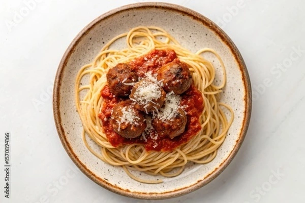 Obraz Delicious Meatballs with Parmesan on Rustic Plate Surrounded by Tomato Sauce and Spaghetti