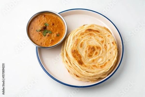 Obraz Roti Canai on Enamel Plate with Dhal Curry in Metal Bowl for Delicious Meal Presentation