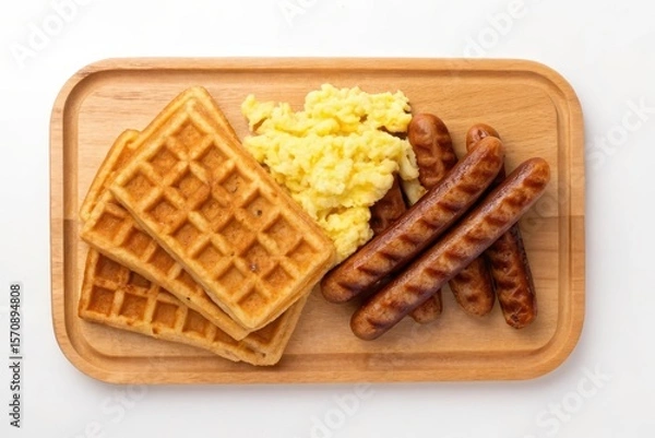 Obraz Delicious Breakfast Platter Featuring Waffles, Scrambled Eggs, and Sausages on Wooden Board