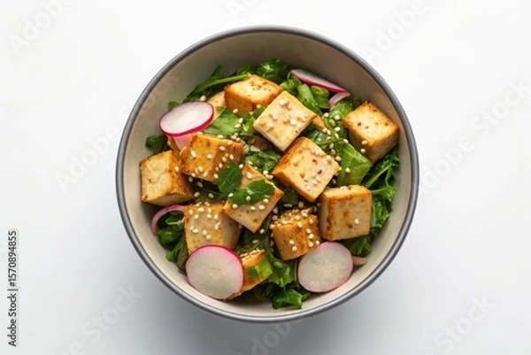 Obraz Fresh Salad Bowl with Sesame Dressing and Sliced Radish on Clean Modern Background