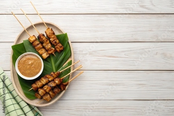 Obraz Delicious Satay Skewers on a Rustic Table with Peanut Sauce and Ketupat for a Tasty Meal