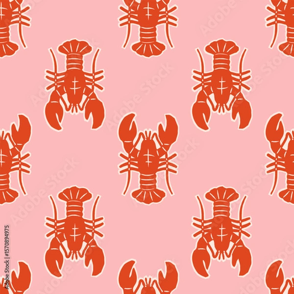 Fototapeta Seamless vector pattern with abstract lobster illustration. Hand drawn seafood on pink background. Mediterranean summer print for wallpaper, wrapping paper, textile design