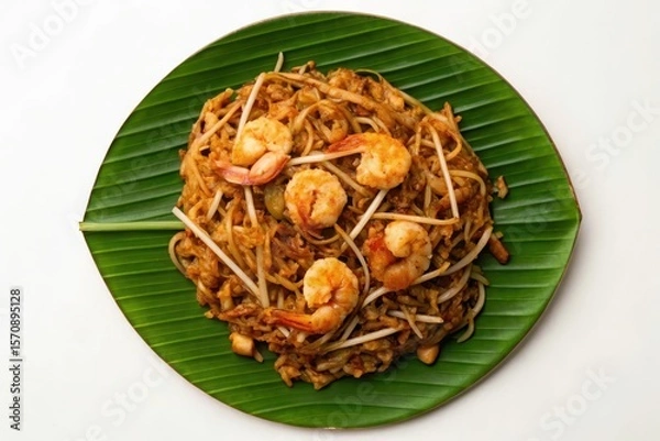 Obraz A Delicious Plate of Kuey Teow with Prawns and Bean Sprouts on Banana Leaf