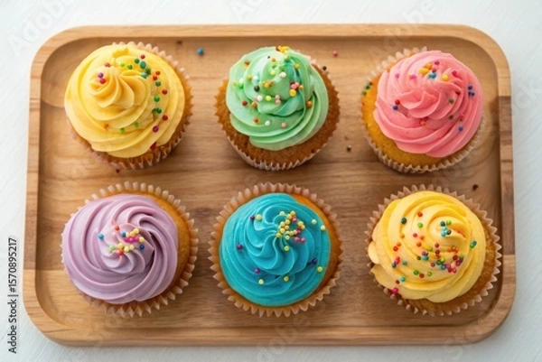 Obraz Colorful Cupcakes with Icing and Sprinkles on Wooden Tray in Full Shot for Text Placement