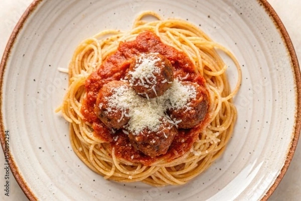 Obraz Meatballs with Parmesan on Rustic Plate Surrounded by Tomato Sauce and Spaghetti Noodles