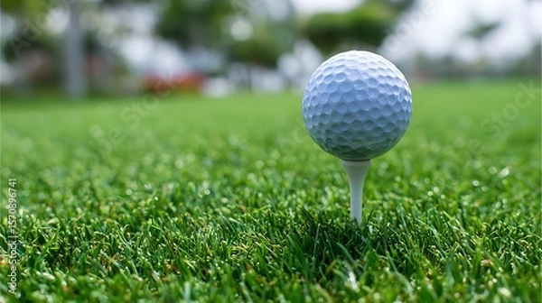 Obraz A golf tee holding a perfect ball amid fresh natural turf