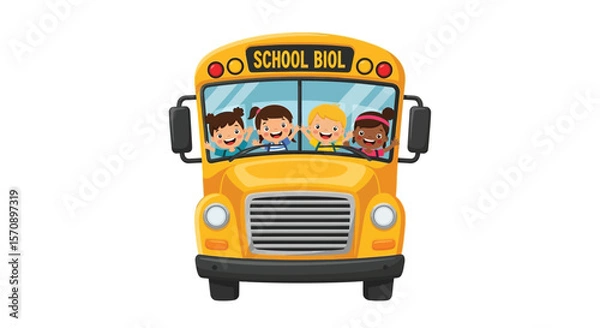 Obraz Cartoon school bus with happy kids vector illustration for back to school and transportation design 100