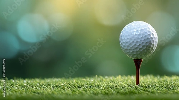 Fototapeta Isolated golf ball on tee with wide soft green background gradient