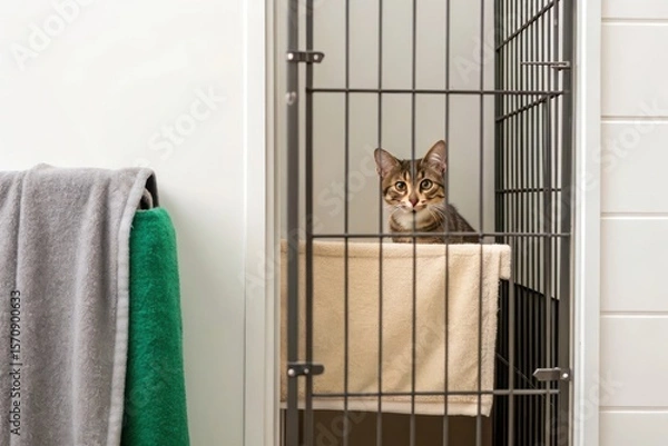 Obraz A Curious Cat Peering Out Through a Half Open Door with a Welcoming and Hopeful Atmosphere