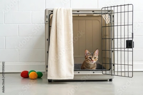 Obraz Curious Cat Peeking Out from Half Open Door of Cozy Carrier with Colorful Toys Nearby