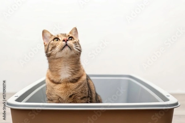 Obraz A Cat Looking Up Inside a Tray from a Side Angle in a Calm and Quiet Environment