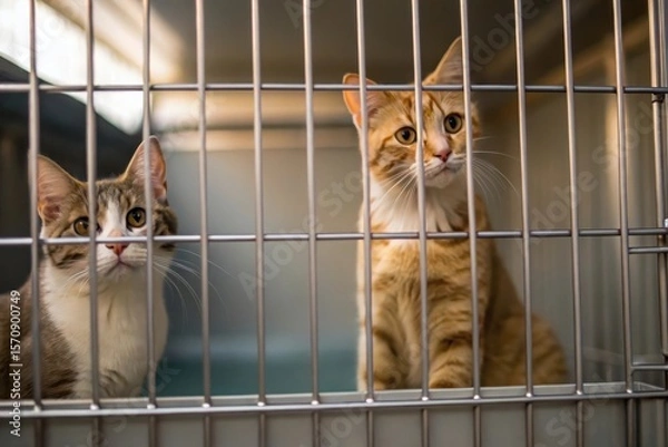 Obraz Two Cats in Cages with Soft Ambient Light in a Waiting Room Setting