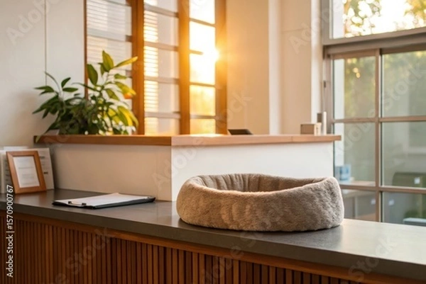 Obraz Cozy Reception Counter with Cat Bed and Morning Sunlight Pouring Through Glass Window