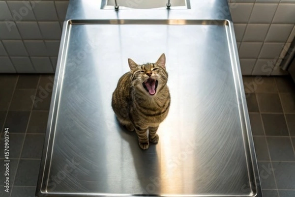 Obraz Yawning Cat on a Bright Stainless Steel Counter from an Above Camera Angle