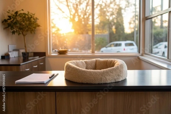 Obraz Cozy Reception Counter with Cat Bed and Notepad in Morning Sunlight