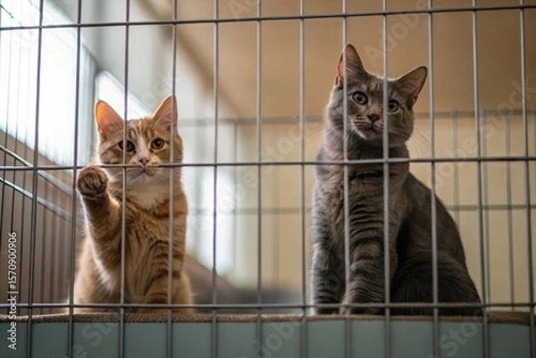 Obraz Adorable Cats in Cages Reaching Out with Paws in a Softly Lit Room Waiting for Adoption