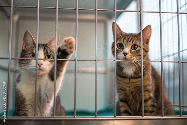 Obraz Adorable Cats Pawing through Cages in a Soft Ambient Light Waiting Room for Adoption