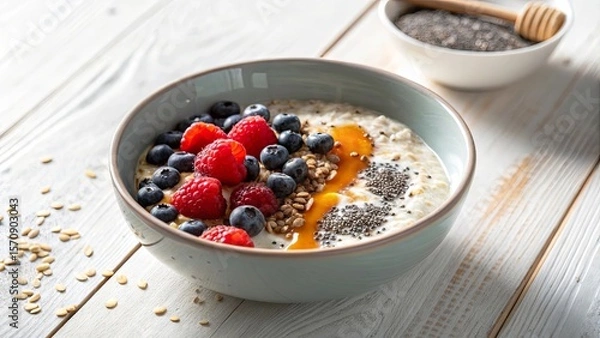 Obraz A healthy breakfast bowl of oatmeal porridge topped with fresh raspberries, blueberries, chia seeds, and a drizzle of honey on a white wooden table.