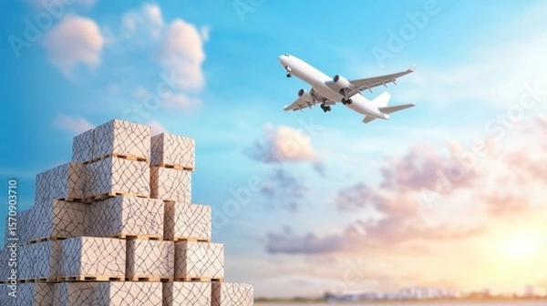 Fototapeta logistic Air Freight Cargo plane taking off with a full load, airport runway in the background