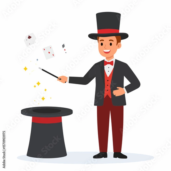 Fototapeta A cartoon magician in a suit performs a magic trick with a wand, hat, and cards, perfect for children's illustrations or educational content.