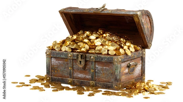 Obraz Treasure chest overflowing with gold coins, isolated on transparent background