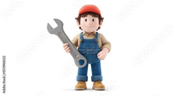 Fototapeta 3D mechanic character with wrench and gear – maintenance and repair concept
