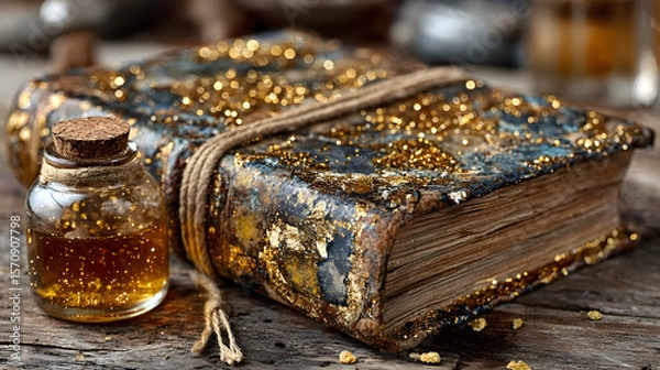 Fototapeta New Year's reflection journal elegantly placed on a rustic wooden table, surrounded by subtle golden sparkles