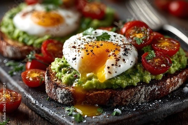 Obraz Photorealistic Rustic Sourdough Toast with Avocado, Poached Egg, Cherry Tomatoes, and Herbs in a Cozy Vintage Kitchen Setting with Refined Details
