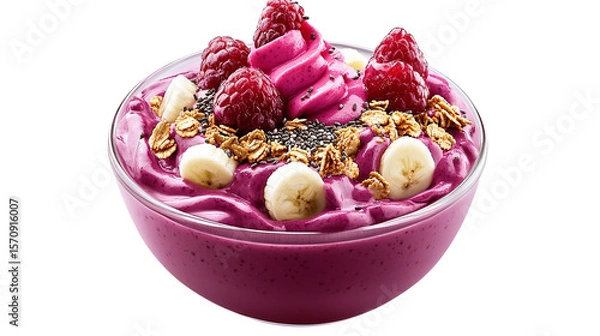 Fototapeta • A vibrant acai bowl topped with granola, fruits, and chia seeds, isolated on white background in HD 