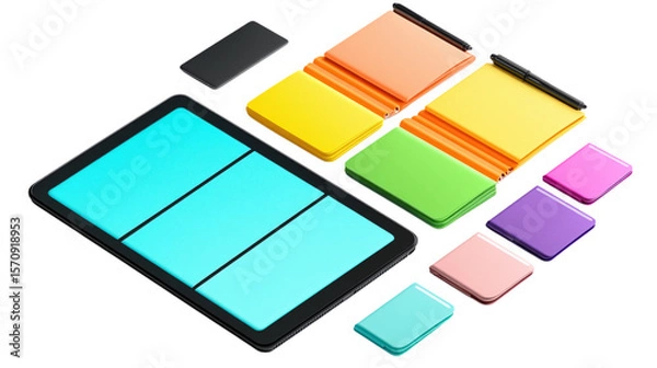 Fototapeta • A vibrant set of digital planner templates displayed on a tablet, isolated on white background in HD 
