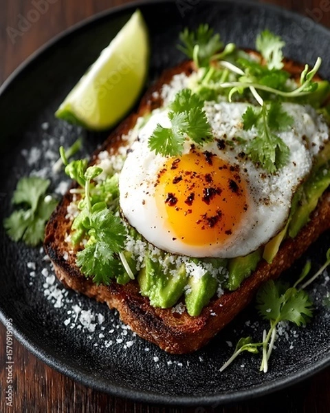 Obraz Intricate Presentation of Avocado Toast with Lime Garnish, Microgreens, and Poached Egg on a Dark Ceramic Plate with Moody and Gourmet Styling