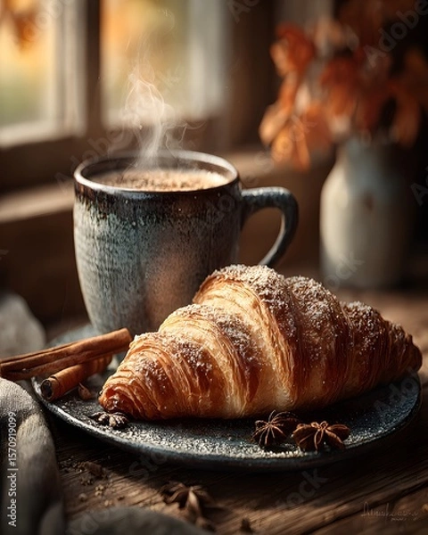 Obraz A detailed photorealistic scene showcasing a croissant on a wooden table surrounded by cinnamon sticks and autumn leaves in a warm, inviting kitchen with amber lighting and a steaming mug of tea
