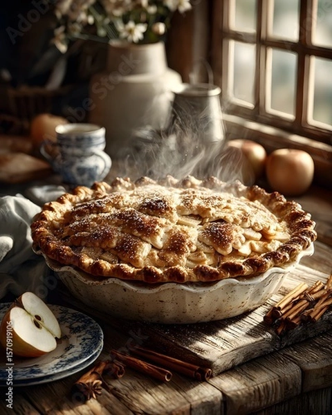 Obraz Elegant Display of a Steaming Apple Pie on an Antique Wooden Table with Radiant Golden Light in a Cozy Farmhouse Kitchen