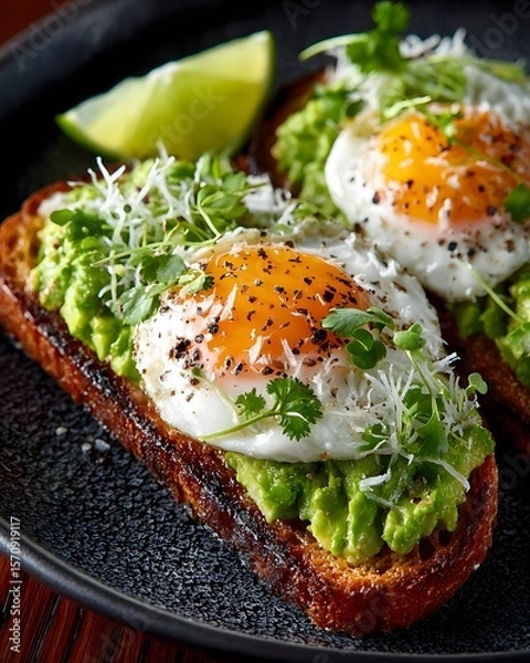 Obraz Intricate Presentation of Avocado Toast with Lime Garnish, Microgreens, and Poached Egg on a Dark Ceramic Plate with Moody and Gourmet Styling
