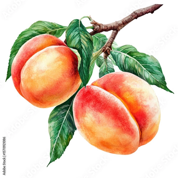 Fototapeta Two ripe peaches hang from a branch with green leaves isolated on transparent background