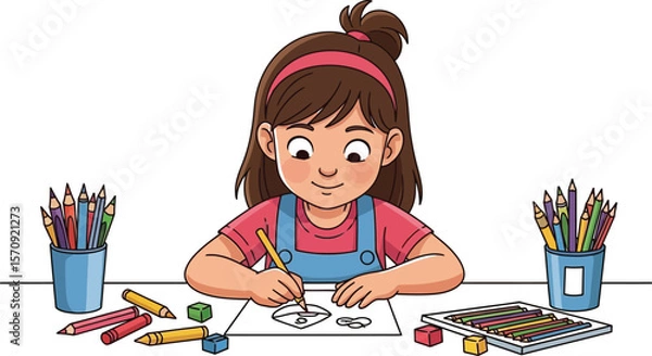 Obraz Illustration of a young girl drawing with colored pencils art and craft activity for kids and creative hobby