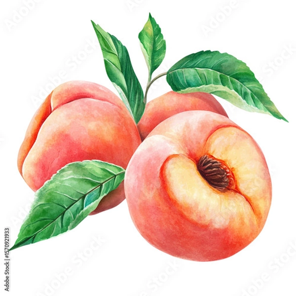 Fototapeta Three ripe peaches with green leaves are isolated on transparent background