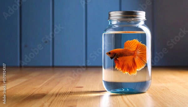 Fototapeta the image shows a vividly colored fish inside a jar filled with water. the container has a metal lid and is placed on a light brown wooden surface