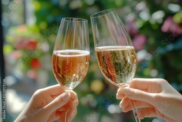 Fototapeta Celebratory toast with rose wine. Beautiful female friends with glasses of champagne alcohol. Summer office party. Social event celebration outdoors. Hands holding a glass of Prosecco, Generative AI