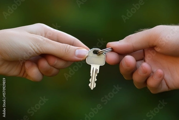 Obraz Realtor agent handing over the key of an apartment to a new owner after the lease agreement is signed, Generative AI