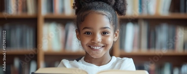 Fototapeta Happy disabled Black school pupil sitting in a wheelchair reading a library book. African American child with disability learning in a classroom. Inclusive and diverse education, Generative AI