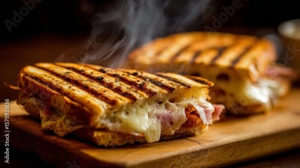Fototapeta A freshly made panini with grill marks, oozing with melted cheese and ham, served with hot soup.