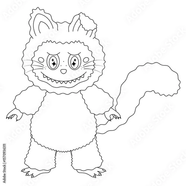 Fototapeta Cat. Cute toothy kitten with a tucked ear. Sketch. Vector illustration. Outline on an isolated white background. Doodle style. Fluffy baby with sparkles in the eyes. Coloring book for children.