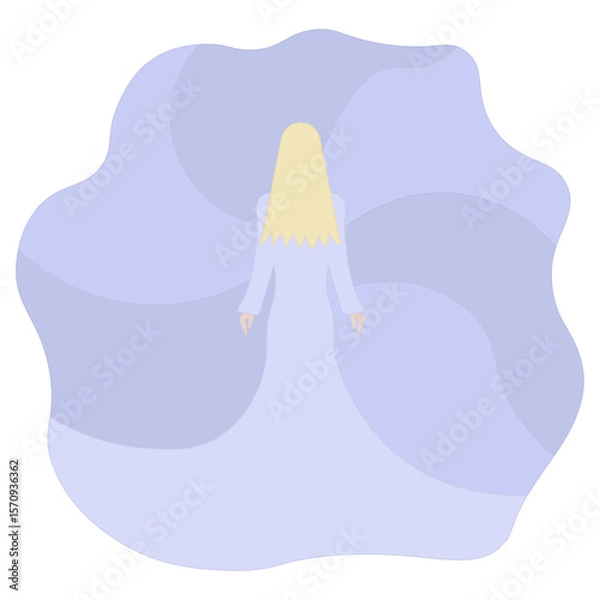 Fototapeta Blonde in a long purple evening dress with a lush, fluttering skirt. Back view. Color vector illustration. Tall lady with long hair. Isolated on white background. Cartoon. Idea for web design.