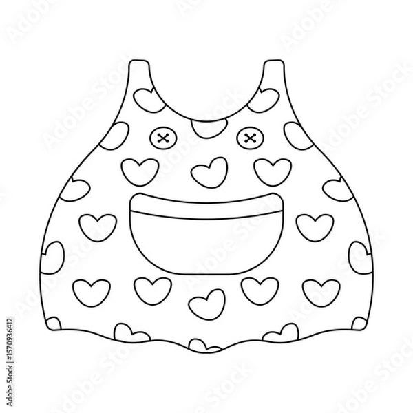 Fototapeta Sundress. Sketch. Cute dress with suspenders, a pocket and buttons, decorated with a pattern of hearts. Vector illustration. Outline on an isolated white background. Doodle style. Coloring book.
