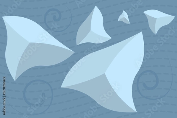 Fototapeta Iceberg, wave, current. Top view. Color vector illustration. Cluster of blue ice blocks in the middle of the rough ocean between spiral waves. Isolated blue background. Cartoon. 