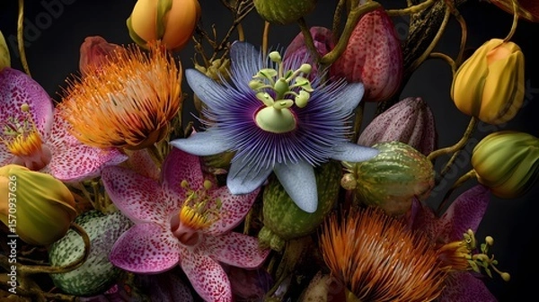 Obraz Vibrantly Energized Floral Emblems: A Surreal Composition of DRIMIOPSIS MACULATE LINDL. & PAXTON Blossoms Channeling Abundance and Economic Vitality